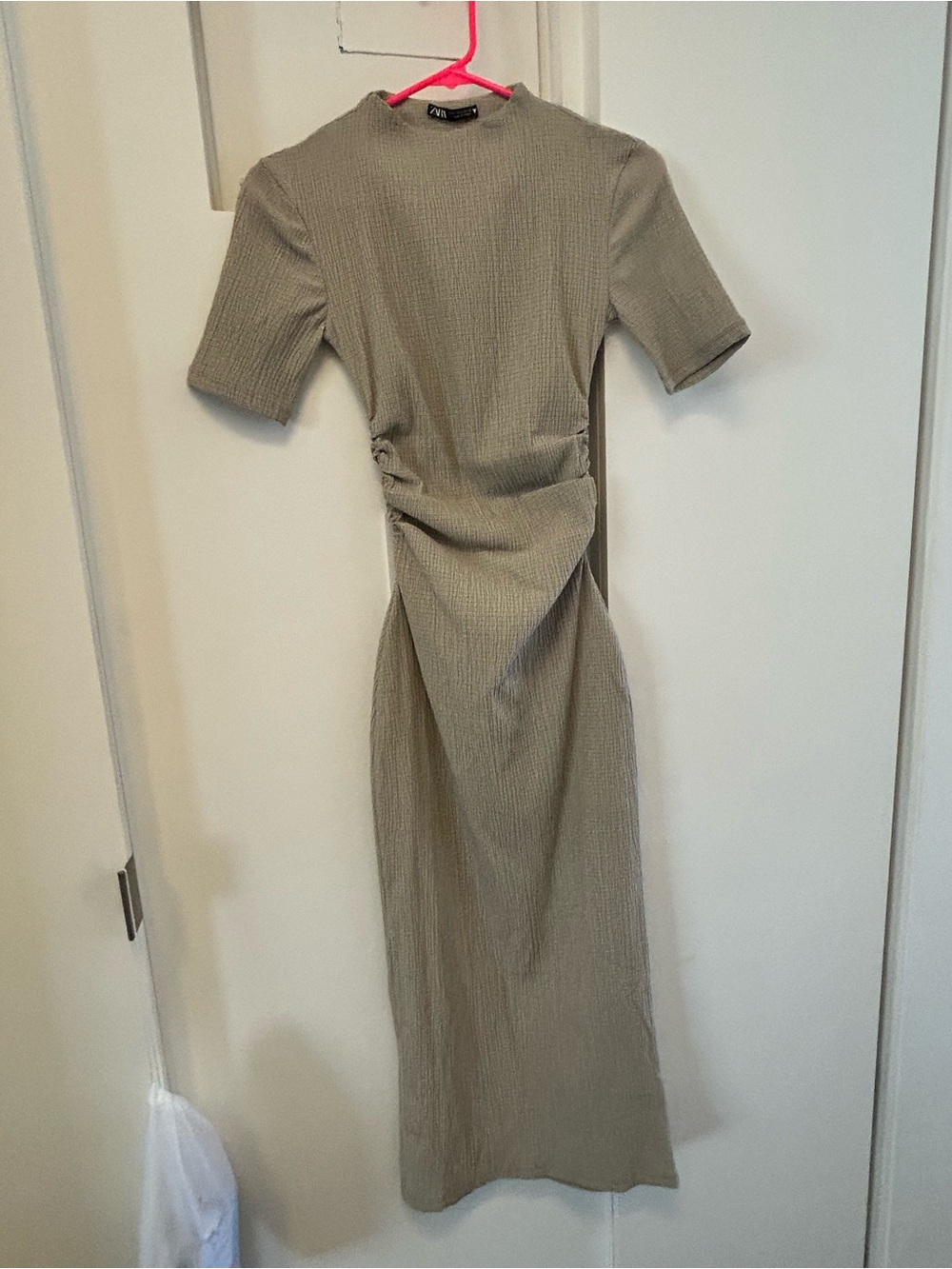 Slim Ruched Midi Dress in Olive Green/ Beige